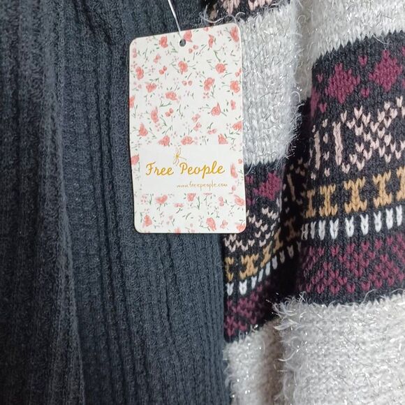 NWT Free People S Cabin Fever Zip Sweater Black Metallic Fair Isle Boho Thermal - Picture 9 of 12